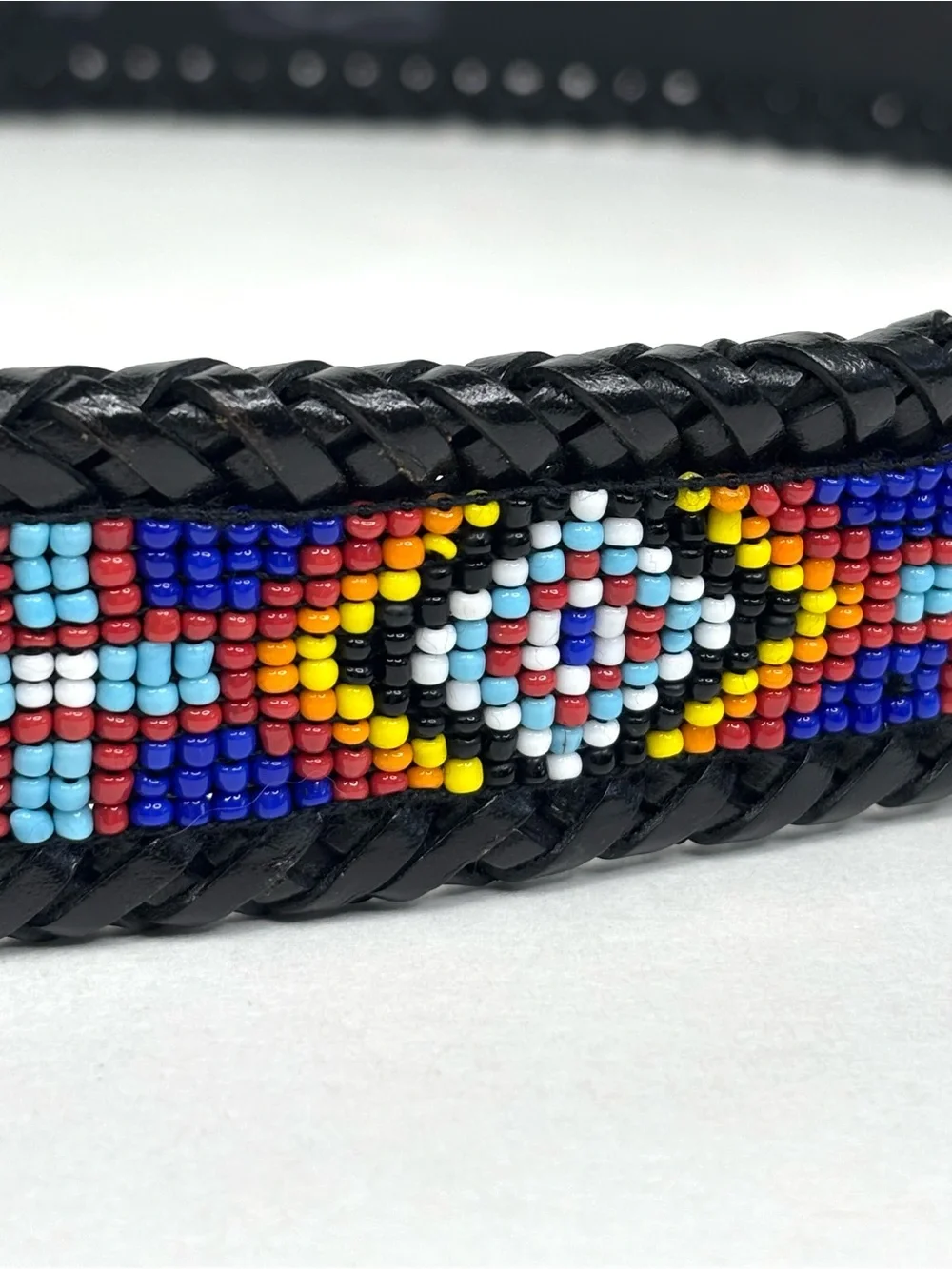Brighton 1991 Beaded Aztec Southwest Black Braided Leather Belt Silver Buckle M‎